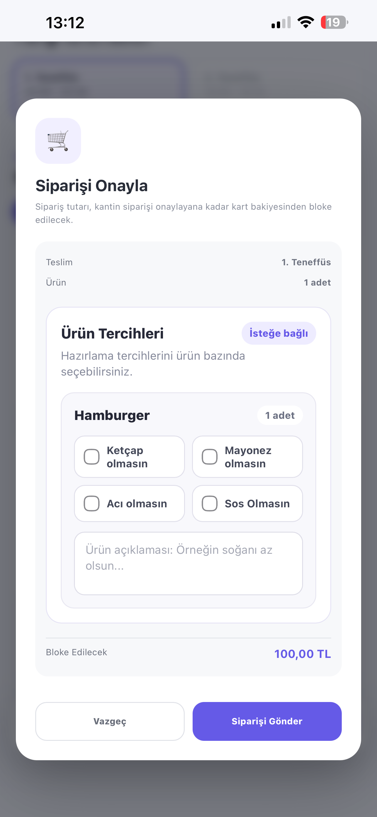 e-Kantin Aile ürün tercihleri ekranı