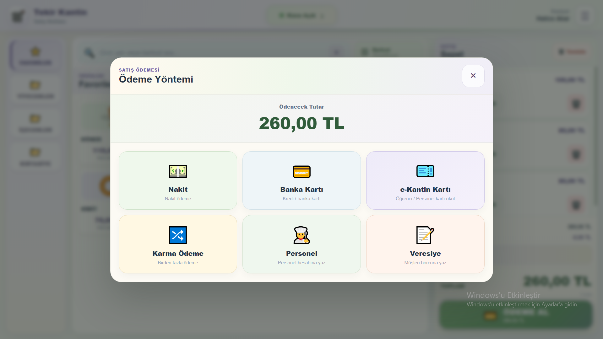 e-Kantin POS ödeme yöntemi seçim ekranı