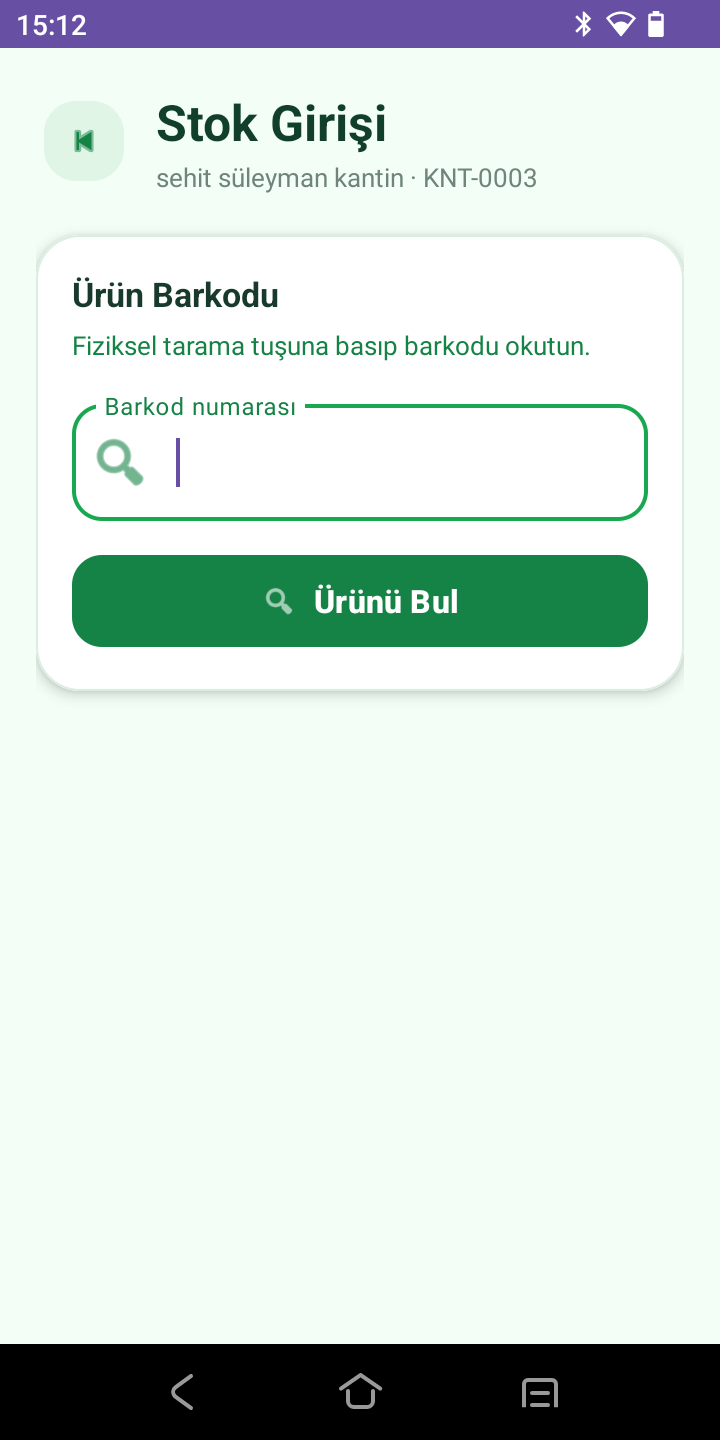 e-Kantin el terminali barkodla stok girişi ekranı