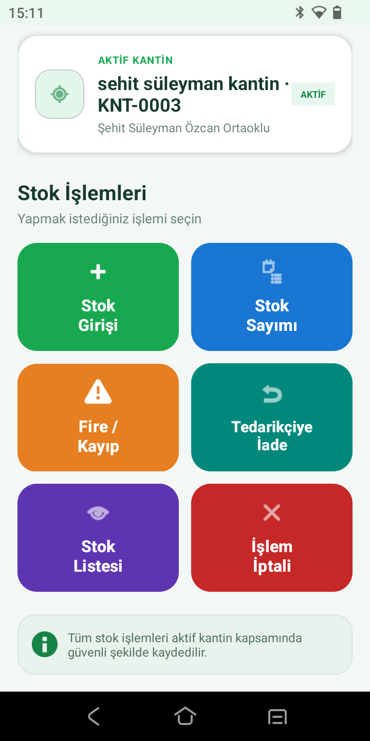 e-Kantin el terminali stok işlemleri ana ekranı