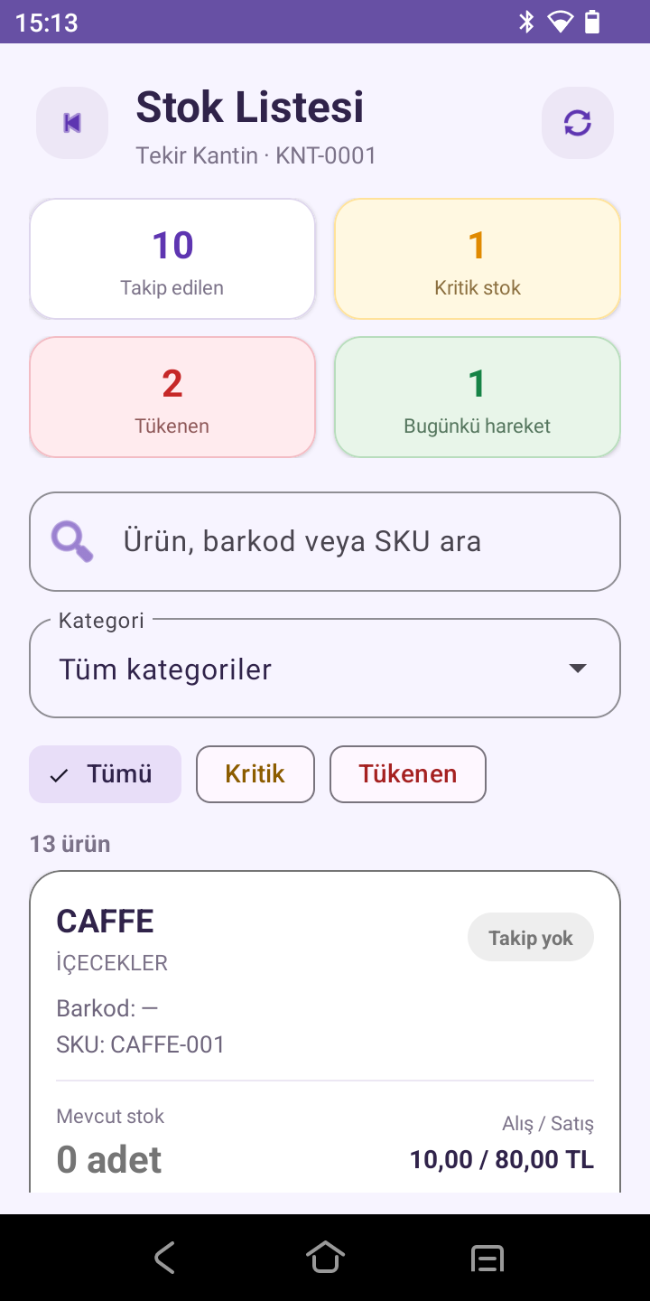 e-Kantin el terminali stok listesi ekranı